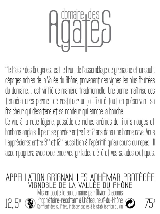 Domaine des Agates - contre étiquette vin rosé Le Plaisir des Bruyères